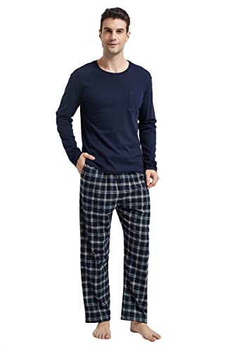 Amaxer Herren 100% Baumwolle Pyjama Set Flanell Plaid Hose Rundhals Top Langarm Pjs Elastische Hohe Taille Nachtwäsche, Dunkelblau kariert, XX-Large von Amaxer