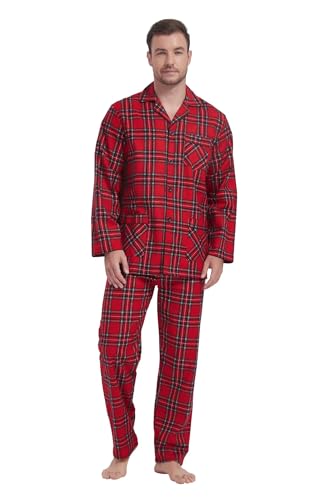 Amaxer Herren Pyjamas Set Rot Kariert XXL 100% Baumwolle Langarm Hosen Set Oberteile mit Taschen Pyjamahosen mit Kordelzug S-3XL von Amaxer