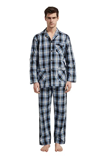 Amaxer Herren Schlafanzug Baumwolle Pyjamas Set,Blaues weißes Quadrat,3XL von Amaxer