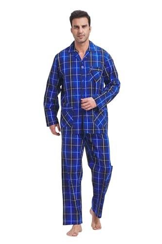 Amaxer Herren Schlafanzug Baumwolle Pyjamas Set V-Ausschnitt Knopfleiste Lange Ärmel Pjs Elastisch Hohe Taille Nightwear,Blau-schwarzes Karo mit weißen Linien,M von Amaxer