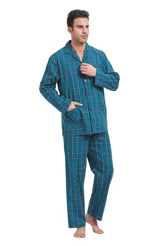 Amaxer Herren Schlafanzug Baumwolle Pyjamas Set V-Ausschnitt Knopfleiste Lange Ärmel Pjs Elastisch Hohe Taille Nightwear,Grünes Gitter mit weißen Linien,M von Amaxer