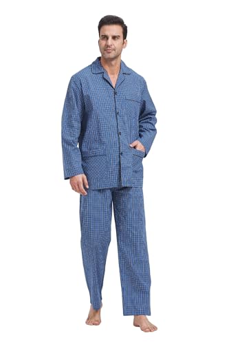 Amaxer Herren Schlafanzug Baumwolle Pyjamas Set V-Ausschnitt Knopfleiste Lange Ärmel Pjs Elastisch Hohe Taille Nightwear,Kleines blaues und weißes Karo,S von Amaxer