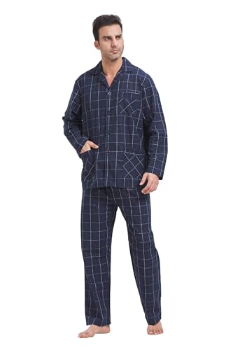 Amaxer Herren Schlafanzug Baumwolle Pyjamas Set V-Ausschnitt Knopfleiste Lange Ärmel Pjs Elastisch Hohe Taille Nightwear,Schwarzes Karo mit roten und weißen Linien,M von Amaxer