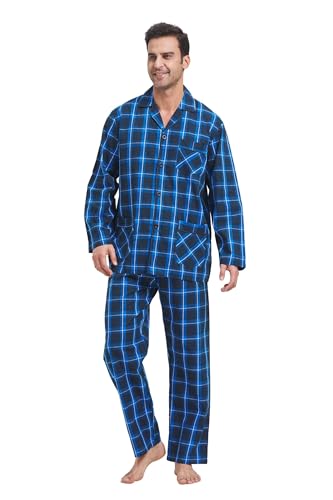Amaxer Herren Schlafanzug Baumwolle Pyjamas Set V-Ausschnitt Knopfleiste Lange Ärmel Pjs Elastisch Hohe Taille Nightwear,blau-schwarz kariert,XL von Amaxer