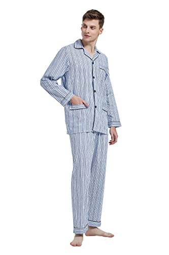 Amaxer Herren Zweiteiliger Schlafanzug Baumwolle Pyjama Set Nachtwäsche Hausanzug Langarm Oberteil mit Taschen Schlafanzughose mit Kordelzug, M Blaue und Weiße Streifen von Amaxer