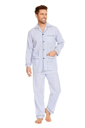 Amaxer Herren Zweiteiliger Schlafanzug Baumwolle Pyjama Set Nachtwäsche Hausanzug Langarm Oberteil mit Taschen Schlafanzughose mit Kordelzug, M Blaue und gelbe Streifen von Amaxer