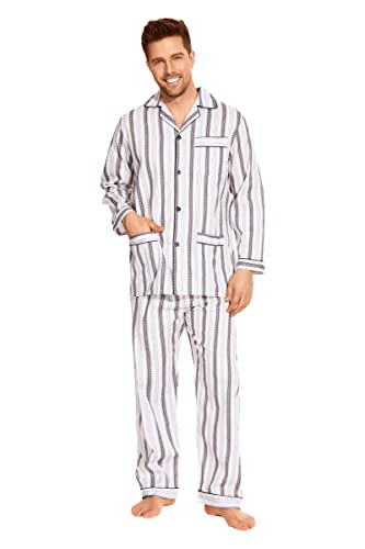 Amaxer Herren Zweiteiliger Schlafanzug Baumwolle Pyjama Set Nachtwäsche Hausanzug Langarm Oberteil mit Taschen Schlafanzughose mit Kordelzug, M Graue und gelbe Streifen von Amaxer