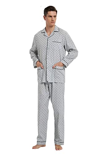 Amaxer Herren Zweiteiliger Schlafanzug Baumwolle Pyjama Set Nachtwäsche Hausanzug Langarm Oberteil mit Taschen Schlafanzughose mit Kordelzug, S Quadrat auf Grau von Amaxer