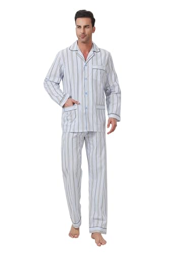 Amaxer Herren Zweiteiliger Schlafanzug Baumwolle Pyjama Set Nachtwäsche Hausanzug Langarm Oberteil mit Taschen Schlafanzughose mit Kordelzug von Amaxer