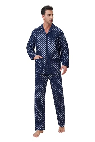 Amaxer Herren Zweiteiliger Schlafanzug Baumwolle Pyjama Set Nachtwäsche Hausanzug Langarm Oberteil mit Taschen Schlafanzughose mit Kordelzug von Amaxer