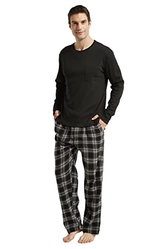 Amaxer Flanell Schlafanzug Herren Pyjama Set lang Schlafanzug mit Knopfleiste Strickerei von Amaxer