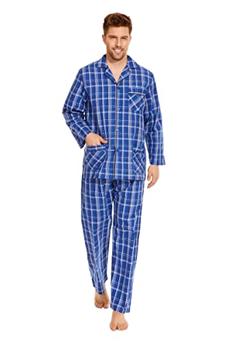 Amaxer Herren Zweiteiliger Schlafanzug Kariert Baumwolle Pyjama Set Nachtwäsche Hausanzug Langarm Oberteil mit Taschen Schlafanzughose mit Kordelzug Blau Kariert Blau Kariert M von Amaxer