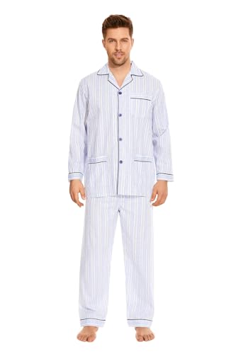 Amaxer Herren Zweiteiliger Schlafanzug Kariert Baumwolle Pyjama Set Nachtwäsche Hausanzug Langarm Oberteil mit Taschen Schlafanzughose mit Kordelzug Blaue und Graue Streifen 02 L von Amaxer