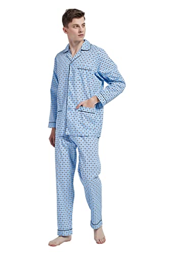 Amaxer Herren Zweiteiliger Schlafanzug Kariert Baumwolle Pyjama Set Nachtwäsche Hausanzug Langarm Oberteil mit Taschen Schlafanzughose mit Kordelzug Blaues Quadrat L von Amaxer