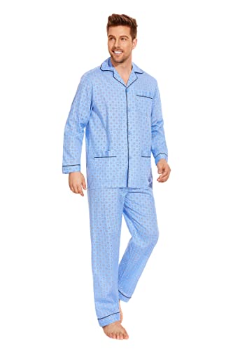 Amaxer Herren Zweiteiliger Schlafanzug Kariert Baumwolle Pyjama Set Nachtwäsche Hausanzug Langarm Oberteil mit Taschen Schlafanzughose mit Kordelzug Multi-Muster auf Blau XL von Amaxer
