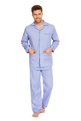 Amaxer Herren Zweiteiliger Schlafanzug Kariert Baumwolle Pyjama Set Nachtwäsche Hausanzug Langarm Oberteil mit Taschen Schlafanzughose mit Kordelzug Quadrat auf Blau 02 XL von Amaxer