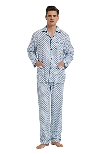 Amaxer Herren Zweiteiliger Schlafanzug Kariert Baumwolle Pyjama Set Nachtwäsche Hausanzug Langarm Oberteil mit Taschen Schlafanzughose mit Kordelzug Quadrat auf Blau M von Amaxer