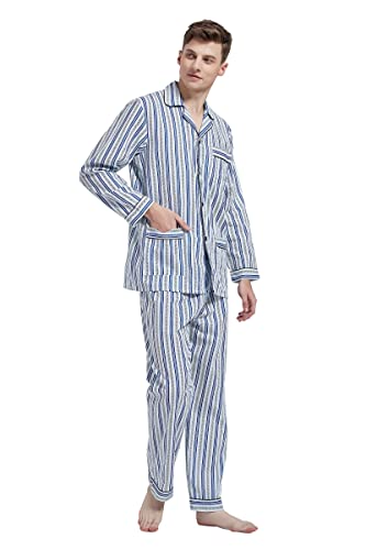 Amaxer Herren Zweiteiliger Schlafanzug Kariert Baumwolle Pyjama Set Nachtwäsche Hausanzug Langarm Oberteil mit Taschen Schlafanzughose mit Kordelzug laue und Gelbe Streifen L von Amaxer