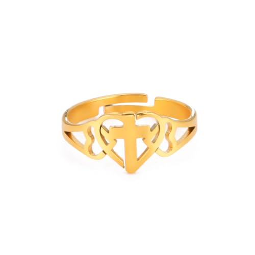 Amaxer Inspirierender, christlich-religiöser, stilvoller Kreuz-Liebes-Herz-Ring aus Edelstahl für Frauen, Statement, ausgehöhlter, verstellbarer Schmuck für Frauen und Mädchen (gold) von Amaxer