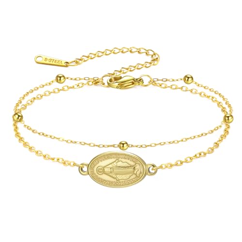 Amaxer Jungfrau Maria Charm-Armband für Frauen, wundertätige Medaille, katholischer religiöser Schmuck, Edelstahl, verstellbare Perlen, Doppelkette, Fußkettchen, Einheitsgröße, Edelstahl, Edelstahl Amaxer Jungfrau Maria Charm-Armband für Frauen, wundertätige Medaille, katholischer religiöser Schmuck, Edelstahl, verstellbare Perlen, Doppelkette, Fußkettchen, Einheitsgröße, Edelstahl, Edelstahl von Amaxer