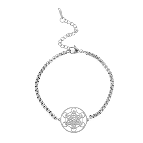 Amax Metatrons Würfel Armband für Frauen Erzengel Metatron Schutz Statement Ausgehöhlt Edelstahl Anhänger Charm Armband für Unisex Box Kette (Silber) von Amaxer