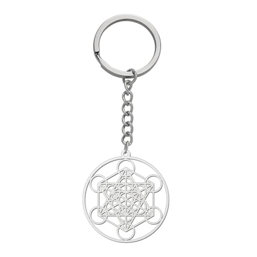 Amaxer Metatrons Cube Schlüsselanhänger Metatron Schutz Statement Ausgehöhlt Edelstahl Kette Schlüsselanhänger Geometrischer Schlüsselanhänger für Unisex (Silber) von Amaxer