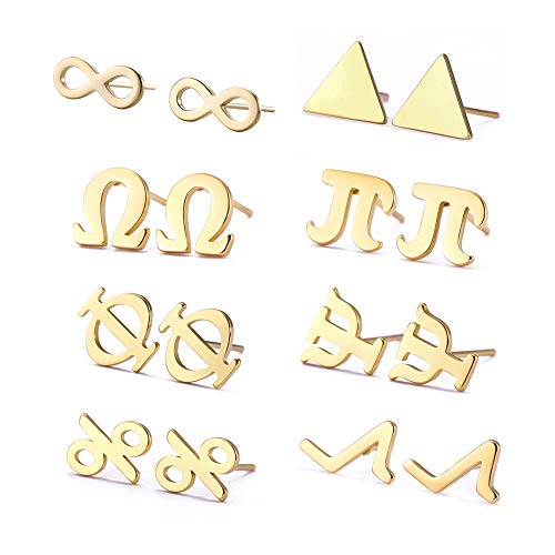 Amaxer Minimal Edelstahl Ohrstecker Deco Art Wissenschaft Mathe Kosmos Astronomie Schmuck für Frauen Damen (Gold, 8 Paare Mathe-Symbol) von Amaxer