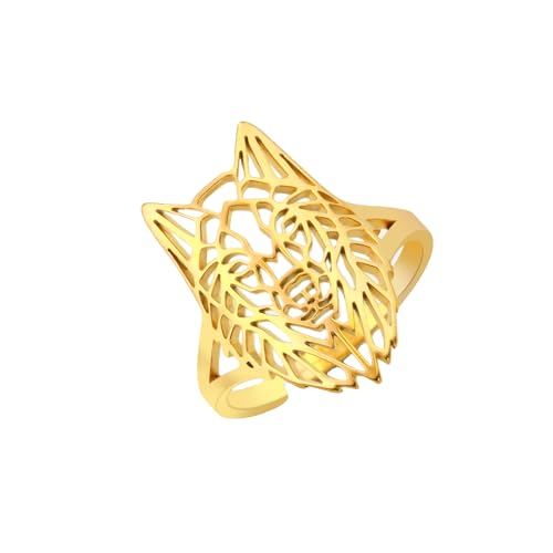 Amaxer Niedlicher Origami Wolf Fuchs gekrönter König der Löwen Ring verstellbar geometrisch ausgehöhlt Edelstahl Fingerring für Unisex Tierliebhaber (Wolf-Gold) von Amaxer