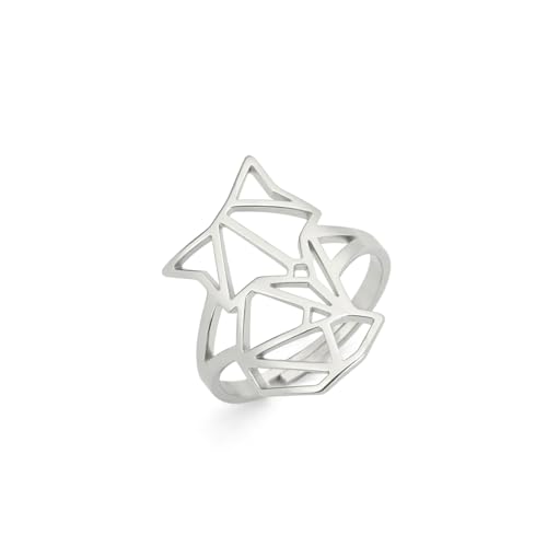 Amaxer Niedlicher Origami Wolf Fuchs gekrönter König der Löwen Ring verstellbar geometrisch ausgehöhlt Edelstahl Fingerring für Unisex Tierliebhaber (Fuchs) von Amaxer