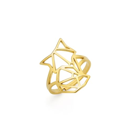 Amaxer Niedlicher Origami Wolf Fuchs gekrönter König der Löwen Ring verstellbar geometrisch ausgehöhlt Edelstahl Fingerring für Unisex Tierliebhaber (Fuchs-Gold) von Amaxer