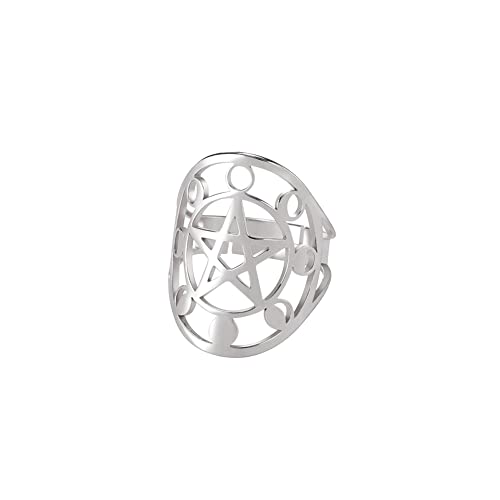 Amaxer Pentagramm Pentagramm Ring für Frauen Edelstahl Wicca Stern Halbmond Phase Offener Verstellbarer Fingerring Schmuck Geschenke für Mädchen Freunde, Edelstahl von Amaxer