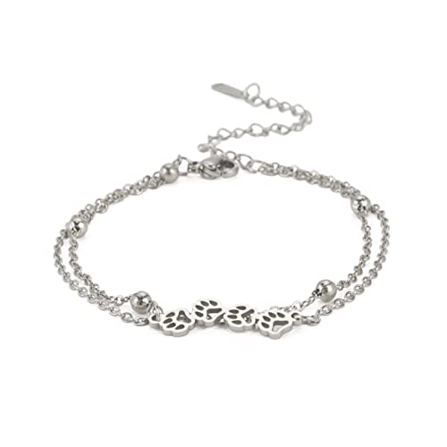 Amaxer Doppelketten-Fußkettchen, Fuchspfotenabdruck, Katze auf dem Mond, Yoga, Om-Afrika-Karte, Knöchelkette, Edelstahl-Anhänger, Charm, verstellbares Armband, 22 cm (Pfotenabdruck-S), Metall von Amaxer