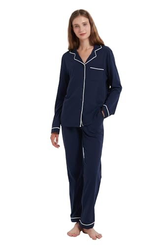 Amaxer Schlafanzug Damen Baumwolle mit Knopfleiste Pyjama Set Lang Zweiteiler Hausanzug mit Taschen für Damen Hose mit Kordelzug von Amaxer