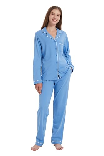 Amaxer Schlafanzug Damen Baumwolle mit Knopfleiste Pyjama Set Lang Zweiteiler Hausanzug mit Taschen für Damen Hose mit Kordelzug von Amaxer