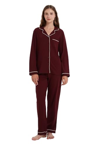 Amaxer Schlafanzug Damen Baumwolle mit Knopfleiste Pyjama Set Lang Zweiteiler Hausanzug mit Taschen für Damen Hose mit Kordelzug von Amaxer
