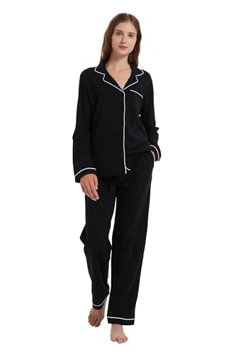 Amaxer Schlafanzug Damen Baumwolle mit Knopfleiste Pyjama Set Lang Zweiteiler Hausanzug mit Taschen für Damen Hose mit Kordelzug von Amaxer