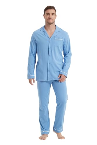 Amaxer Schlafanzug Herren Lang Baumwolle Pyjamas Set Mit Knopfleiste Langärmelige Loungewear Zweiteilige Nachtwäsche Nightwear Set Mit Kordelzug von Amaxer