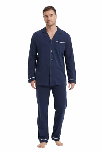 Amaxer Schlafanzug Herren lang Baumwolle Pyjamas Set Herren mit Knopfleiste Langärmelige Loungewear für Männer Herren Zweiteilige Nachtwäsche Nightwear Set mit Kordelzug von Amaxer