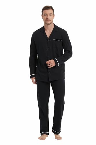 Amaxer Schlafanzug Herren lang Baumwolle Pyjamas Set Herren mit Knopfleiste Langärmelige Loungewear für Männer Herren Zweiteilige Nachtwäsche Nightwear Set mit Kordelzug von Amaxer
