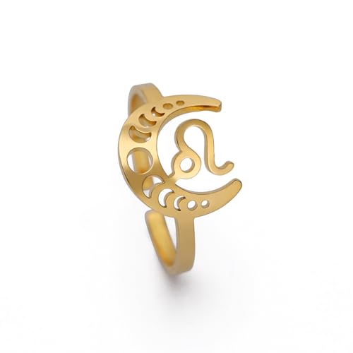 Amaxer Sternzeichen Mondphase Sternzeichen Sternzeichen Astrologie Ring Offener Ring Verstellbar Geschenk für Frauen Mädchen (Löwe-Gold) von Amaxer