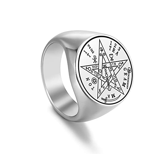 Amaxer Tetragrammaton Pentagramm Siegelring für Männer Talisman für Liebe Siegel von Salomon Pentagramm Magisches gesegnetes Amulett Edelstahl Statement Band Ring (Silber, 12) von Amaxer
