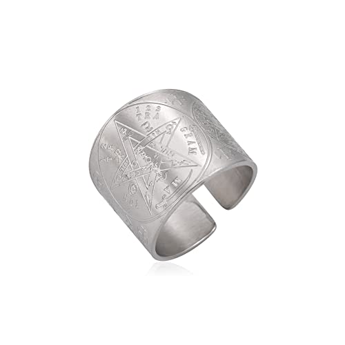Amaxer Tetragrammaton Ring für Männer Pentagramm Stern Dreifachmond Göttin Baum des Lebens Glück Amulett Verstellbarer Ring Statement Band Ring Herren, Edelstahl, Kristall von Amaxer