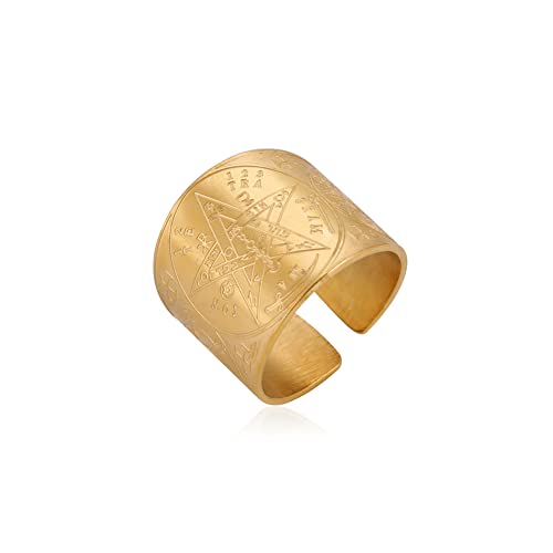 Amaxer Tetragrammaton Ring für Männer Pentagramm Stern Dreifachmond Göttin Baum des Lebens Glück Amulett Verstellbarer Ring Statement Band Ring Herren, Edelstahl von Amaxer