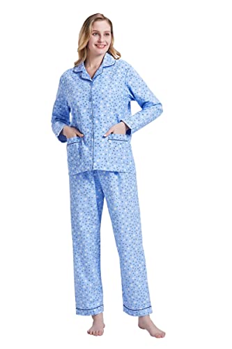 Amaxer Thermo Flanell Schlafanzug Damen 100% Baumwolle Pyjama Set Lang Winter Warmer Sleepwear, Blaue Blume L von Amaxer