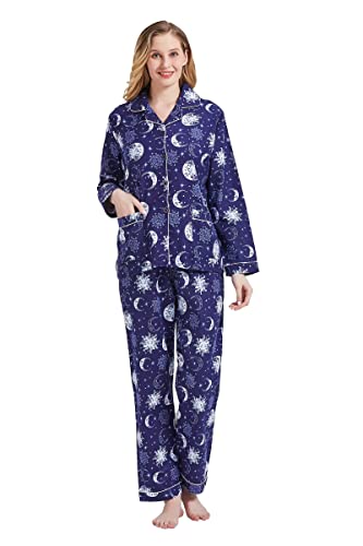 Amaxer Thermo Flanell Schlafanzug Damen 100% Baumwolle Pyjama Set Lang Winter Warmer Sleepwear, Blaue Sonnenblume M von Amaxer