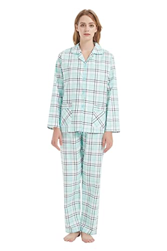 Amaxer Thermo Flanell Schlafanzug Damen 100% Baumwolle Pyjama Set Lang Winter Warmer Sleepwear, Schwarze und grüne Streifen L von Amaxer