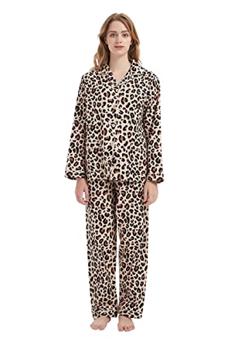 Amaxer Thermo Flanell Schlafanzug Damen 100% Baumwolle Pyjama Set Lang Winter Warmer Sleepwear, braunes Muster L von Amaxer