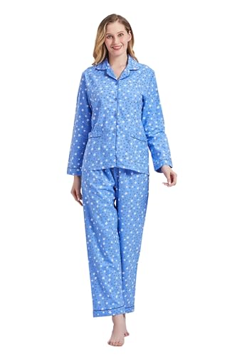 Amaxer Thermo Flanell Schlafanzug Damen 100% Baumwolle Pyjama Set Lang Winter Warmer Sleepwear, dunkelblaue Blüten S von Amaxer
