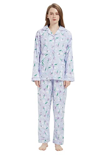 Amaxer Thermo Flanell Schlafanzug Damen 100% Baumwolle Pyjama Set Lang Winter Warmer Sleepwear, lila Blume1 L von Amaxer