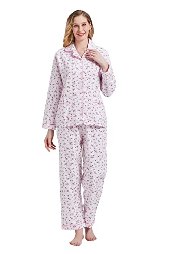 Amaxer Thermo Flanell Schlafanzug Damen 100% Baumwolle Pyjama Set Lang Winter Warmer Sleepwear, rot geblümt L von Amaxer